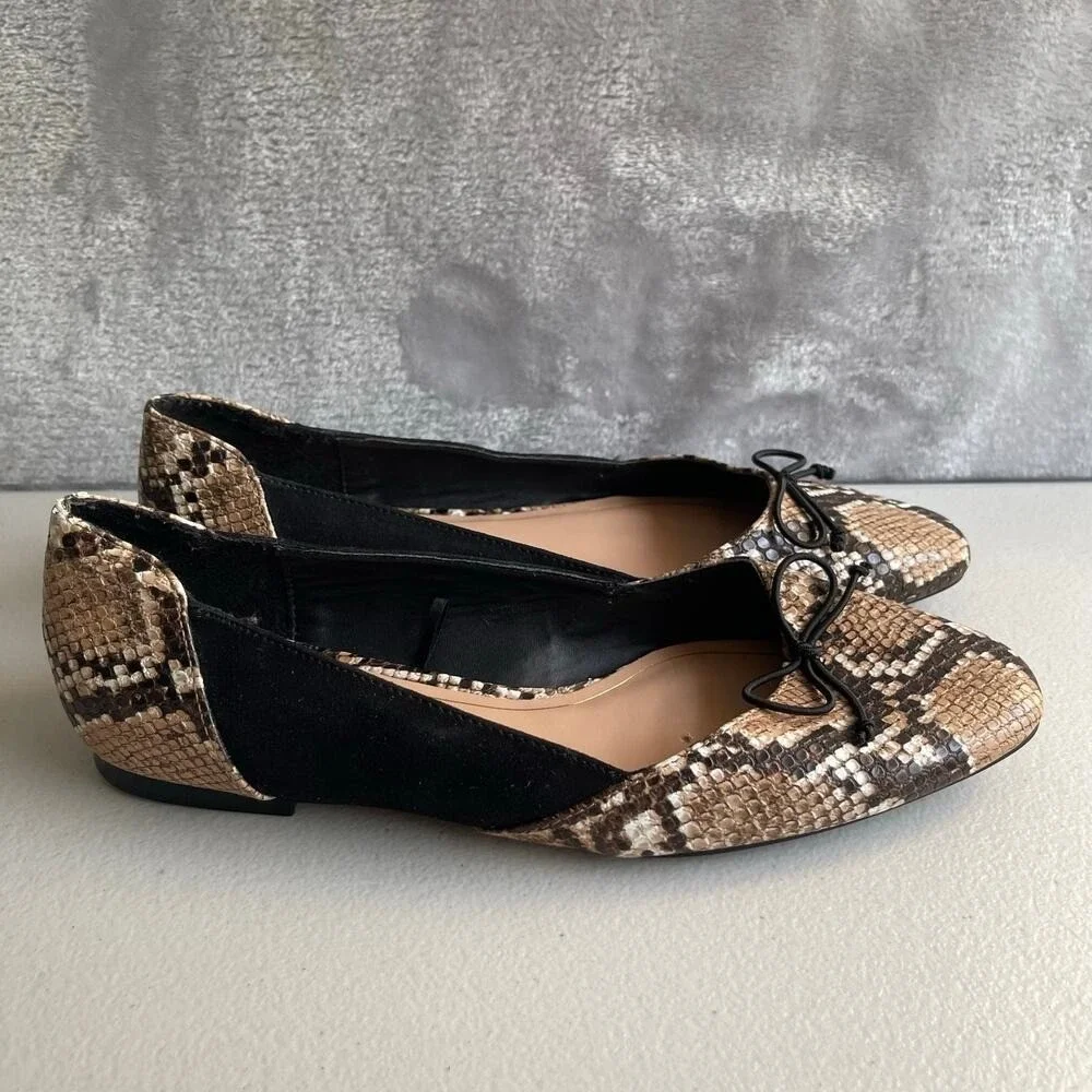 Zara Trafaluc Flats Womens 36 Snake Python Print Black‎ Suede Leather Trim Bow